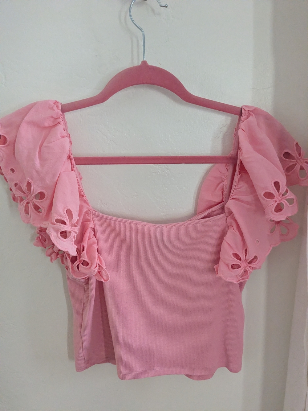 H&M Soft Pink Puff Sleeve Ribbed Crop Top